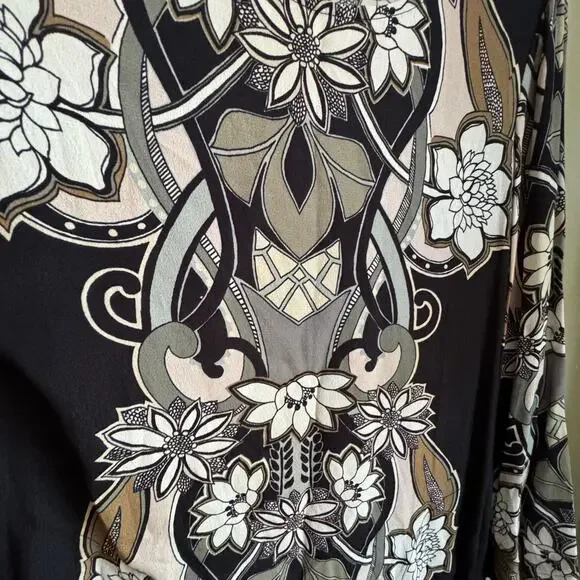 Hale Bob Black Floral Print Bell Sleeve Mini Swing Dress 70s Retro White Brown - Picture 5 of 7